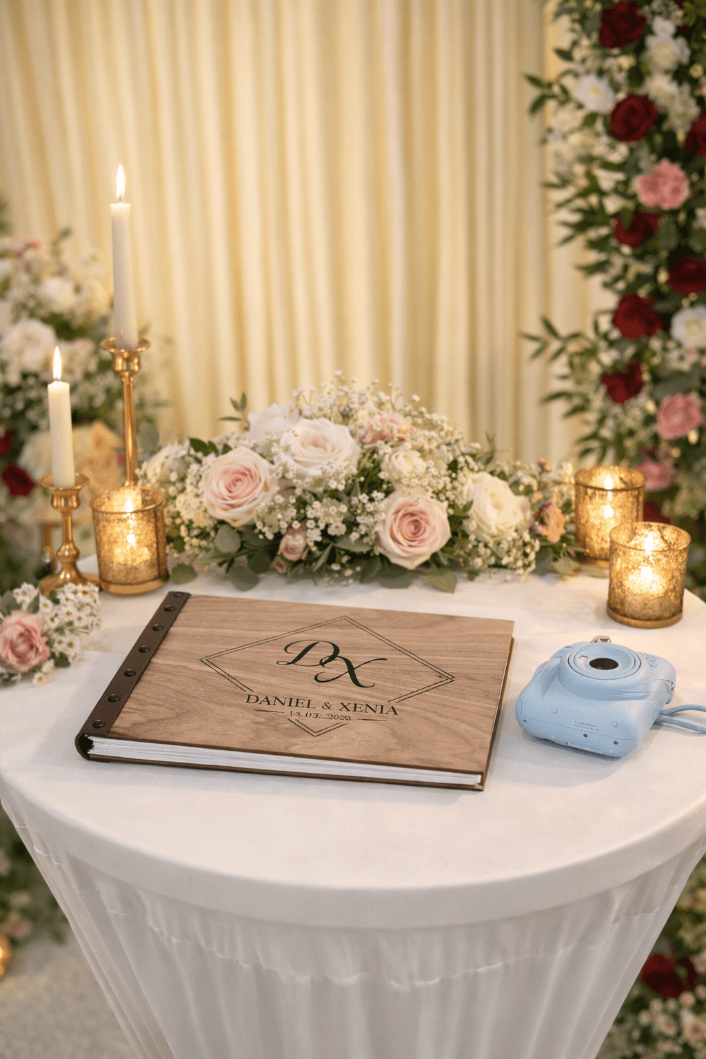 Ein Gästebuch mit einer Sofortbildkamera, beiliegend auf einem runden Stehtisch mit einer Hochzeitskulisse als Hintergrund und vielen Blumen