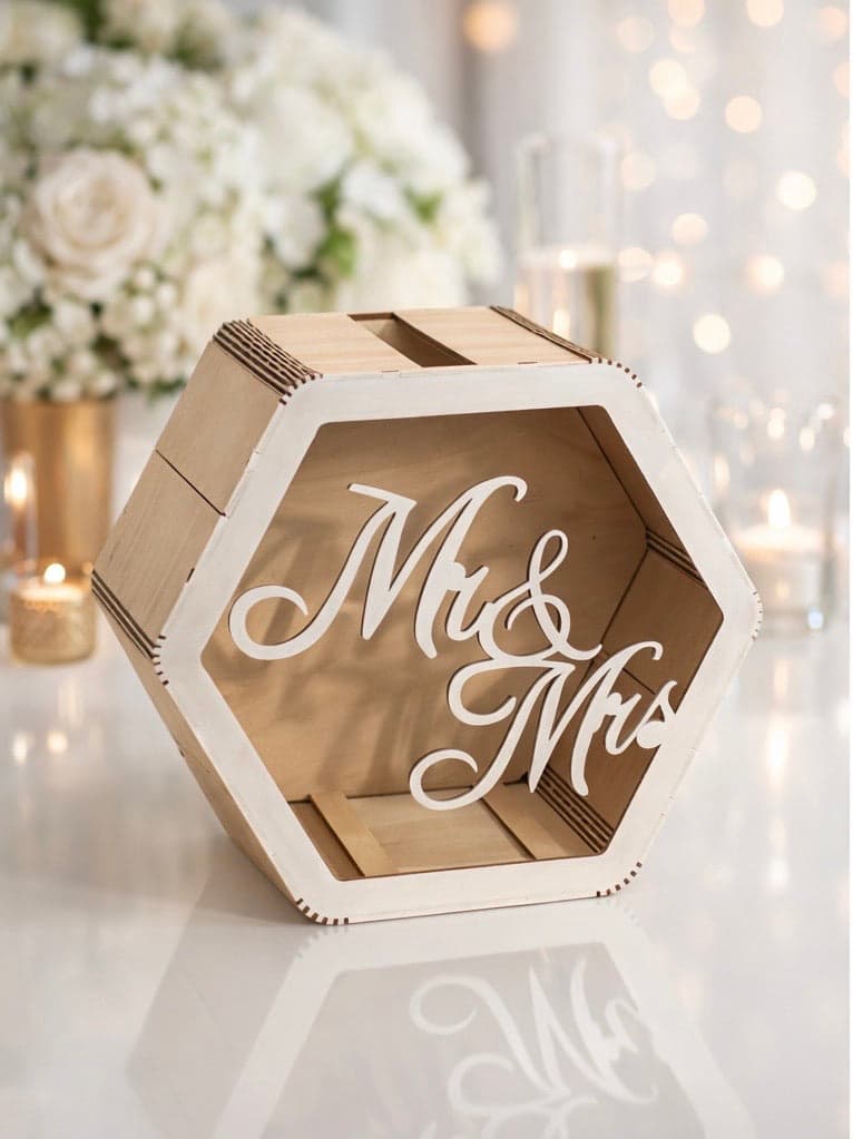 Hochzeitskarten Box Mr. & Mrs. aus weißem Linden-Sperrholz in sechseckiger Form auf einem Hochzeitstisch