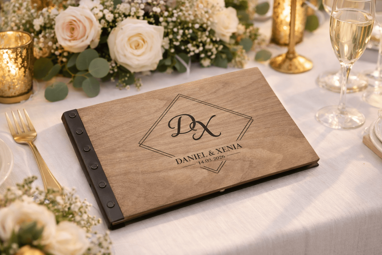 Ein Gästebuch in Form von einem Fotoalbum aus Holz mit der Gravur Daniel und Xenia