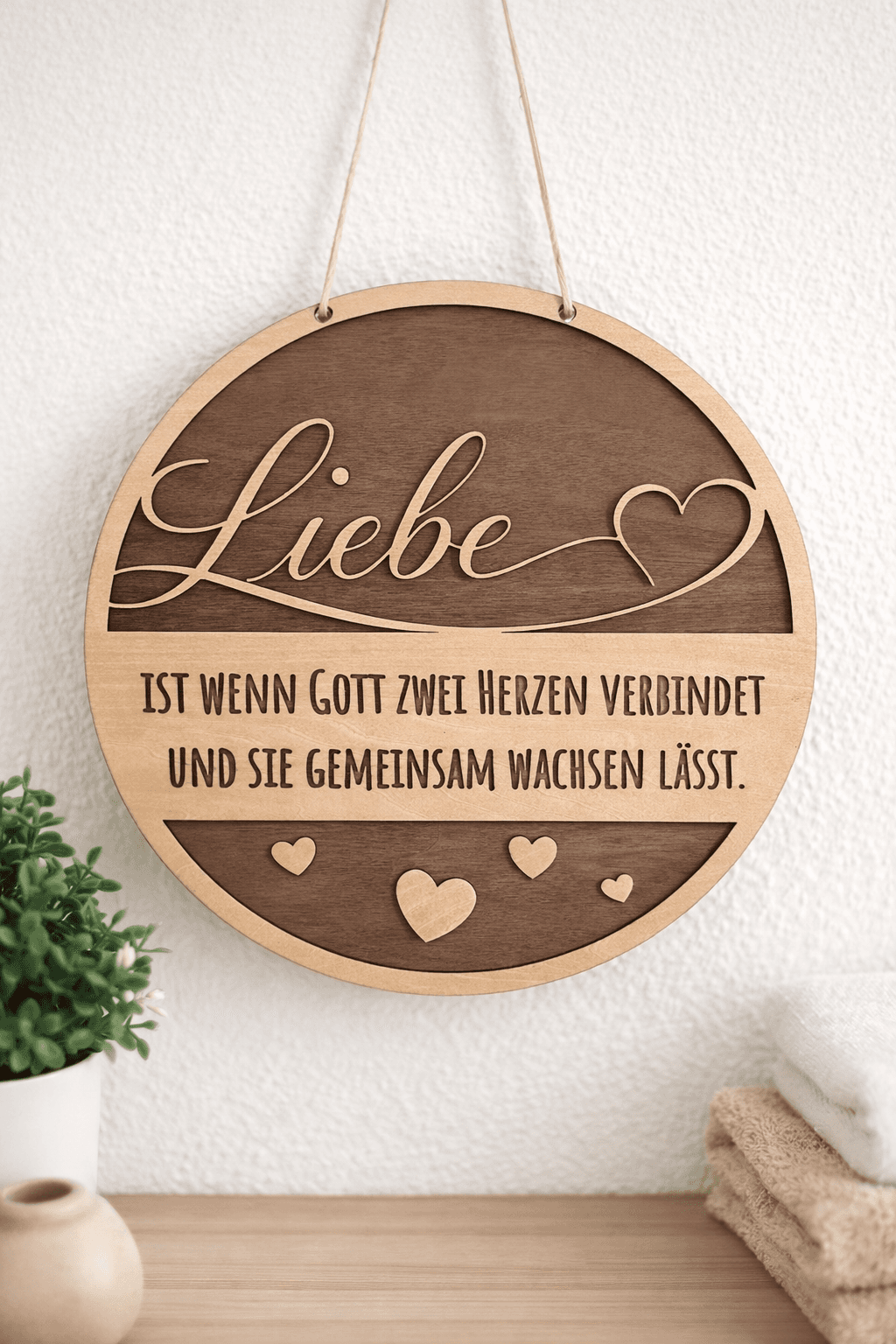 Ein rundes, zweilagiges Holzschild mit der Aufschrift Liebe und der Unterschrift ist, wenn Gott zwei Herzen verbindet und miteinander wachsen lässt