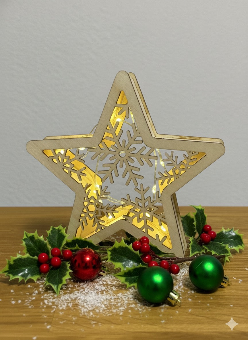 Ein Stern aus Holz mit weihnachtlichem Schmuck