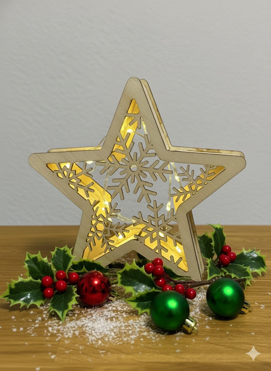 Ein Stern aus Holz mit weihnachtlichem Schmuck